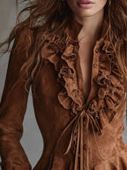 Vintage Caramel Eco-Suede Ruffle Blouse With Lace Trim