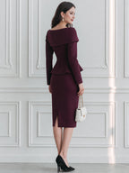 Elegant Long Sleeve Peplum Bodycon Midi Dress with Fold-Over Collar