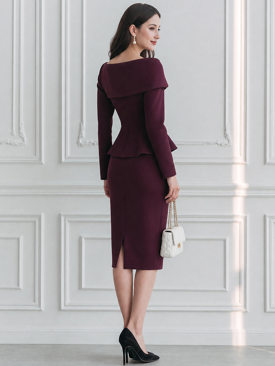 Elegant Long Sleeve Peplum Bodycon Midi Dress with Fold-Over Collar