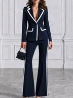 Navy White Contrast Piping Blazer & Flare Pants Set