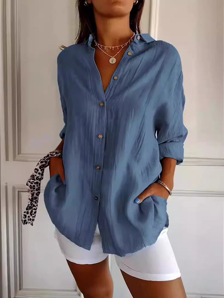 Casual Single Breasted Pleated Lapel Solid Color Cotton Linen Shirt