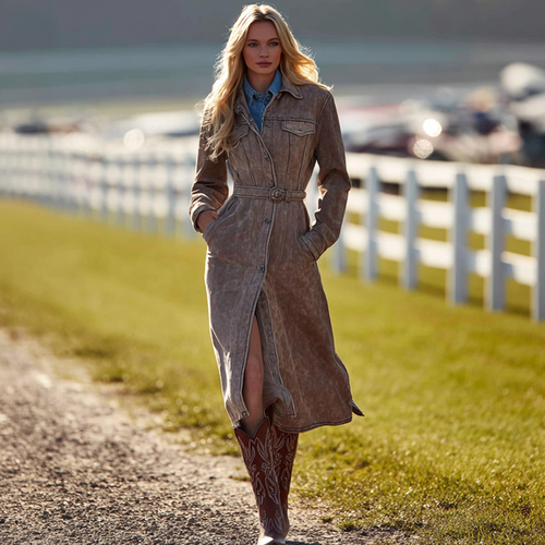 Autumnal Elegance Brown Suede Trench Coat With Cowboy Boots