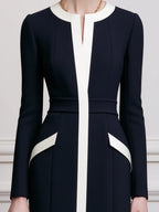 Navy & Ivory Colorblock Long-Sleeve Sheath Midi Dress