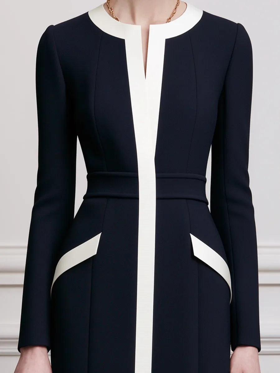 Navy & Ivory Colorblock Long-Sleeve Sheath Midi Dress