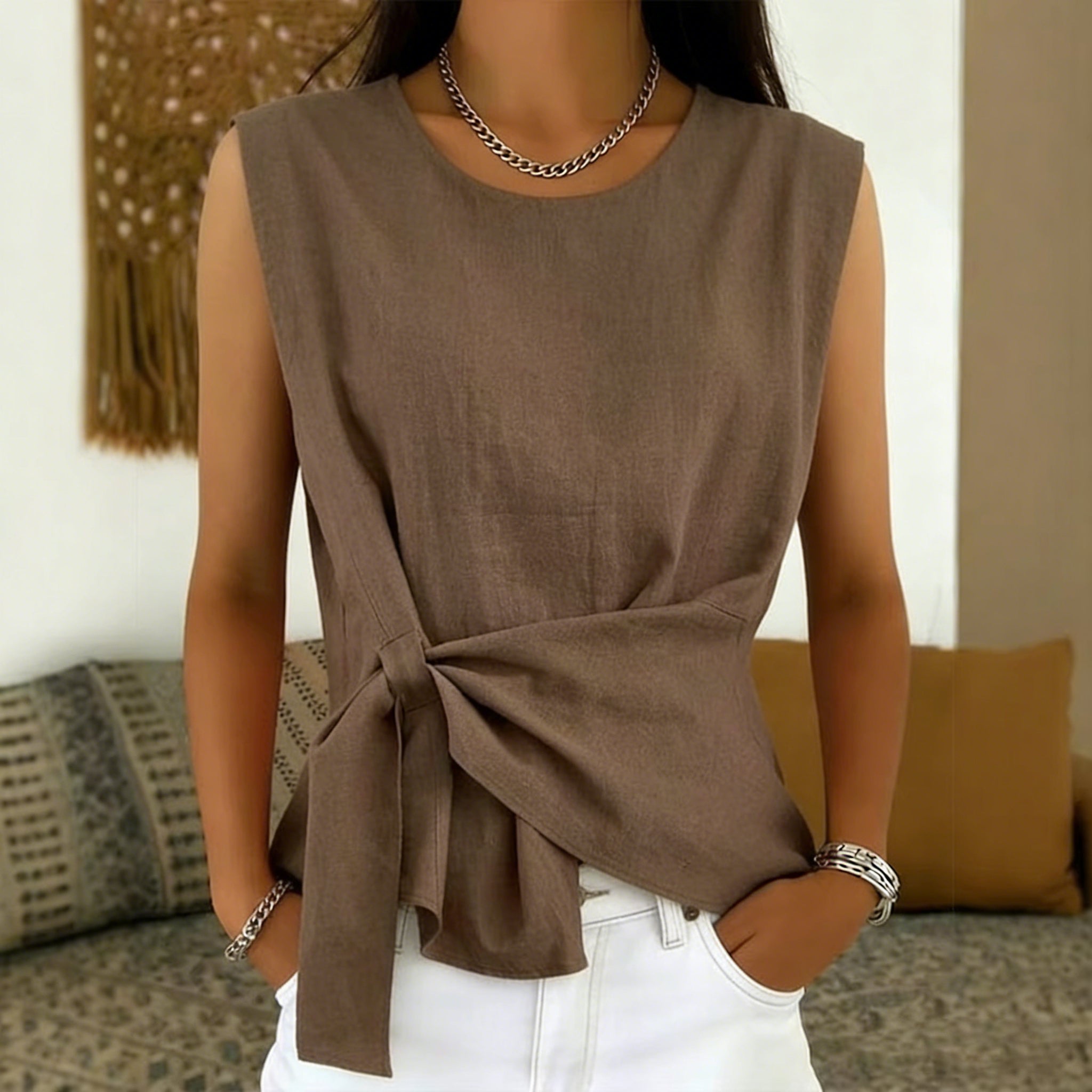 Women's Casual Linen Blend Asymmetrical Sleeveless Fitted Shirt