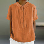 Solid Color Cotton And Linen Lapel Short Sleeved Casual Blouse