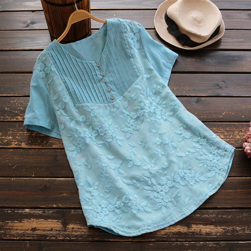 Vintage Lace Floral Pleat Short Sleeve Comfy Blouse