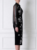 Beaded Firework Floral Sheer Sleeve Collared Velvet Bodycon Midi Dress