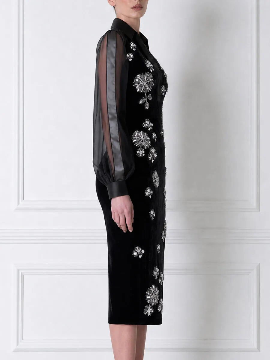 Beaded Firework Floral Sheer Sleeve Collared Velvet Bodycon Midi Dress