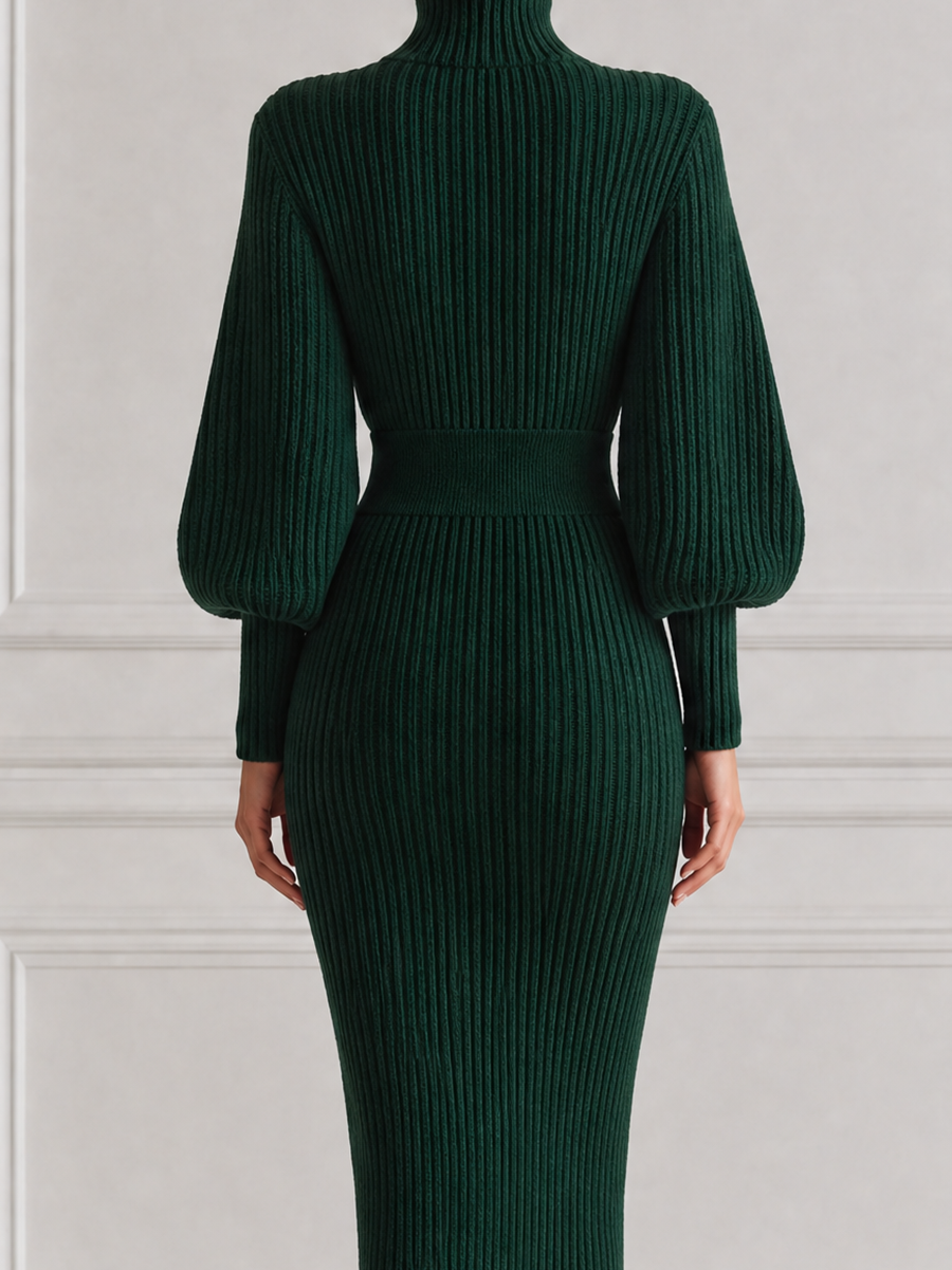 Green Dress Stockholm Style Fall Fashion Ribbed Knit Pencil Midi Dress