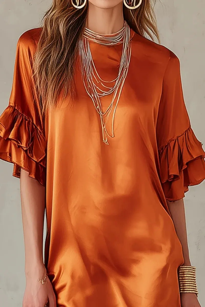 Elegant Rust Satin Ruffle-Sleeve Mini Dress