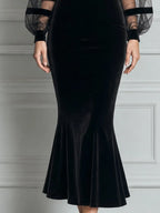 Velvet Boat-Neck Striped Mesh Sleeve Mermaid Midi Dress