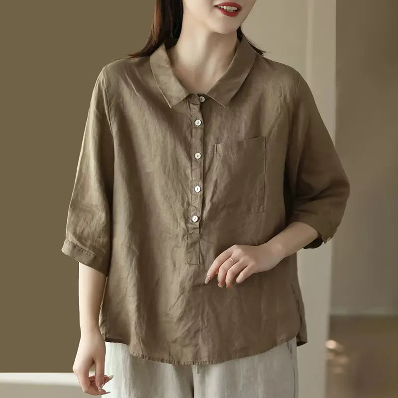 Women's Solid Color Button Down Linen Cotton Shirt