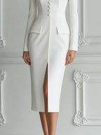 White V Neck Button Front Pencil Blazer Midi Dress