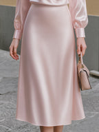 Rose-Accented Satin Draped Midi Dress