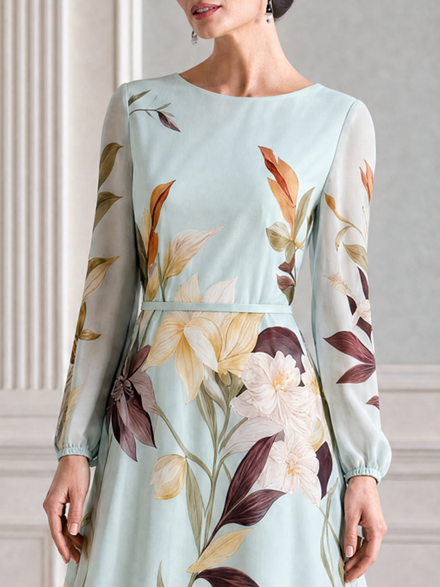 Light Mint Floral Print Long Sleeve Midi A-line Dress
