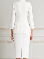 White Stand-Collar Floral Appliqué Fitted Suit And Pencil Skirt Set