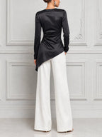 Black Satin Draped Blouse & White Wide Leg Pants Set