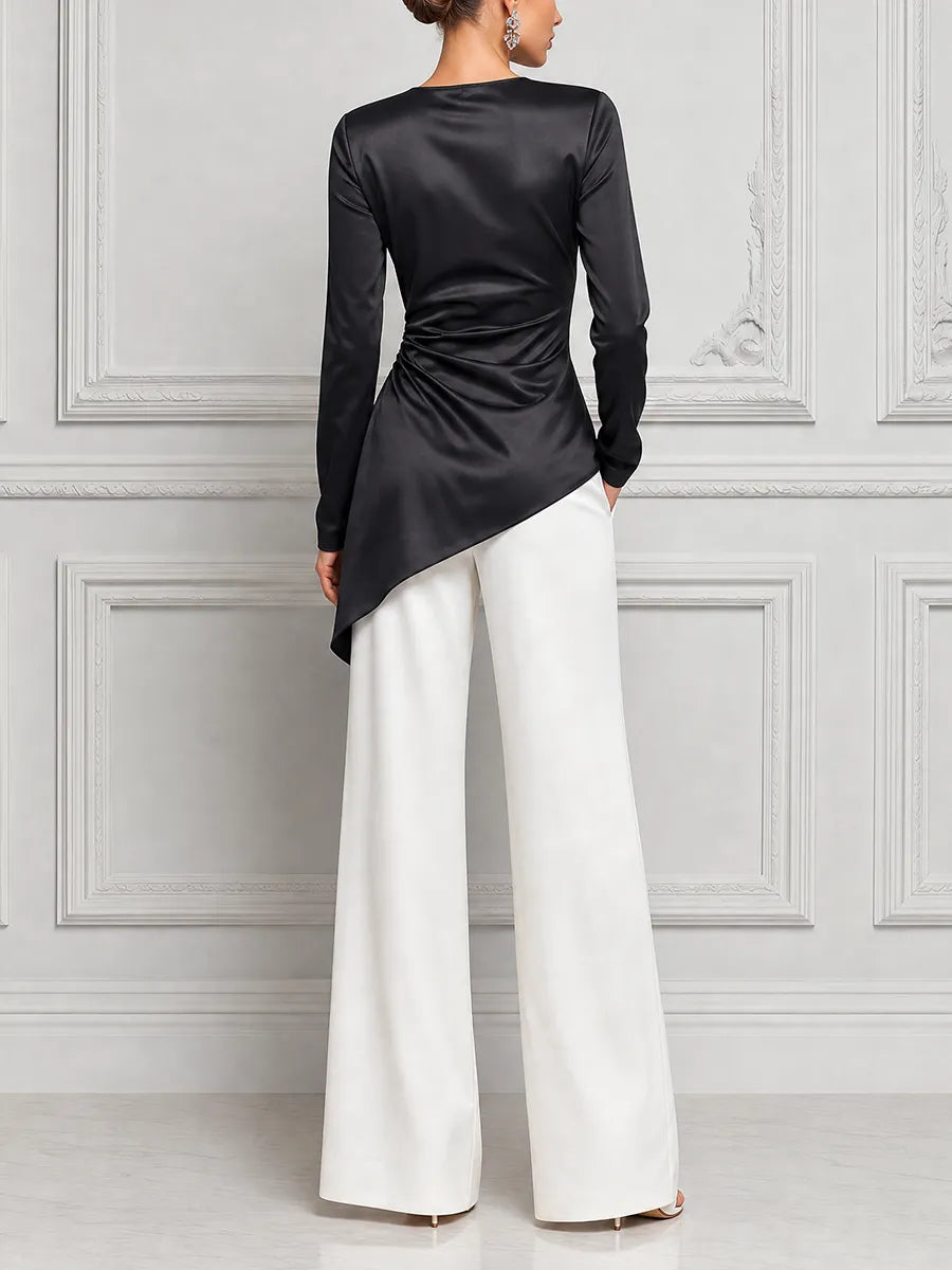 Black Satin Draped Blouse & White Wide Leg Pants Set