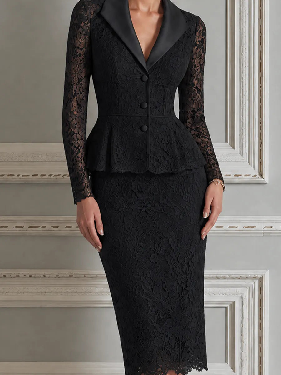 Black Lace Satin Lapel Peplum Jacket & Pencil Skirt Set