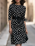 Polka Dot Print Bow-Waist Sheath Dress With 3/4 Sleeves