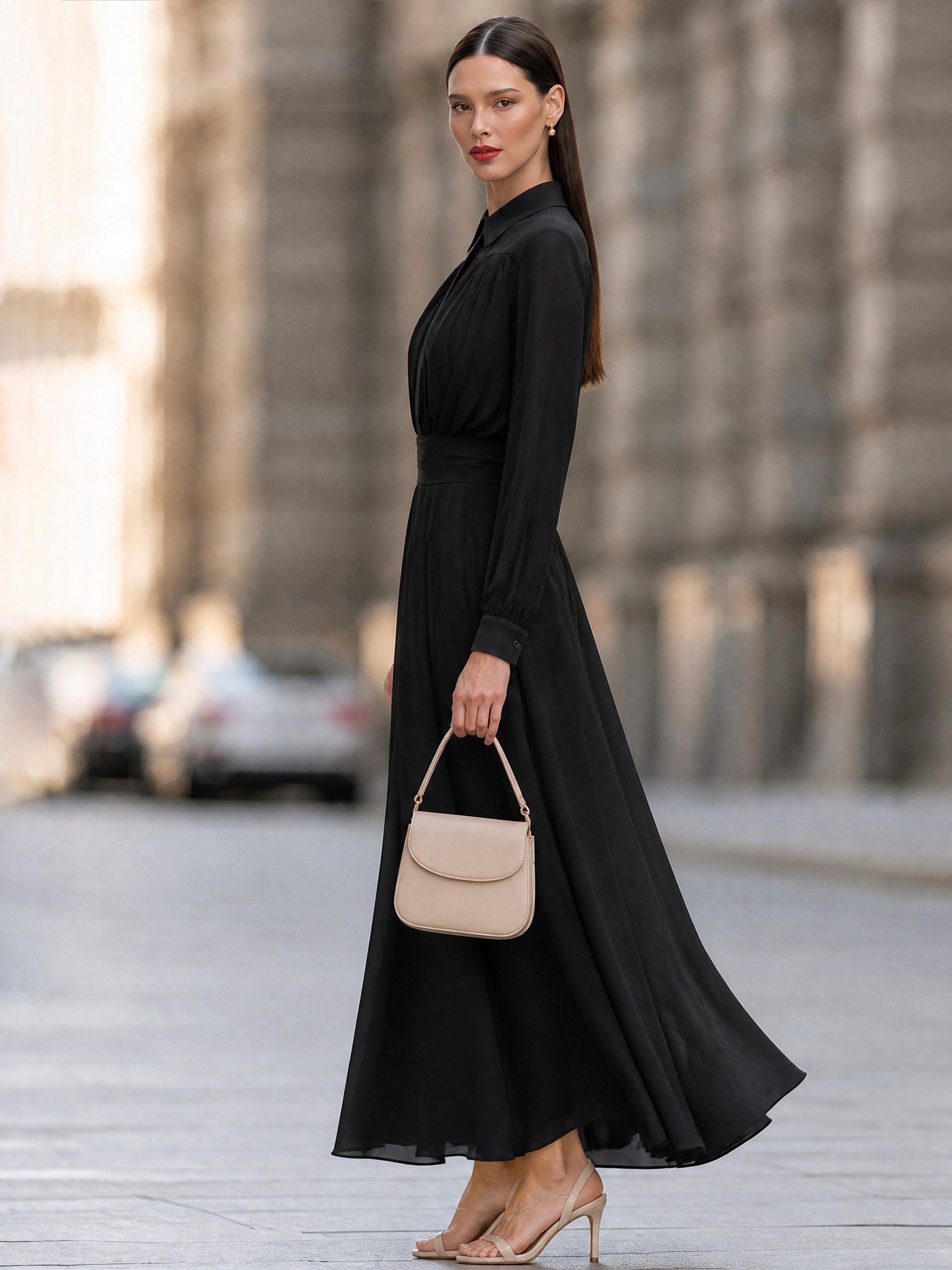 Women's Elegant Long Sleeve Shirt Collar Pleated A-Line Maxi Dress