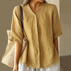 Women's Solid Color V-Neck Buttoned Mid-Sleeve Loose Casual Top