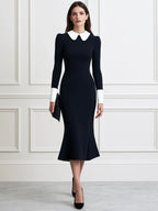 Contrast Peter Pan Collar Long Sleeve Fishtail Midi Dress