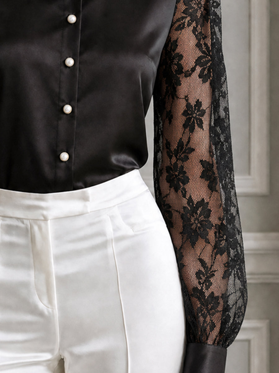 Collared Floral Lace Puff Long Sleeves Satin Blouse