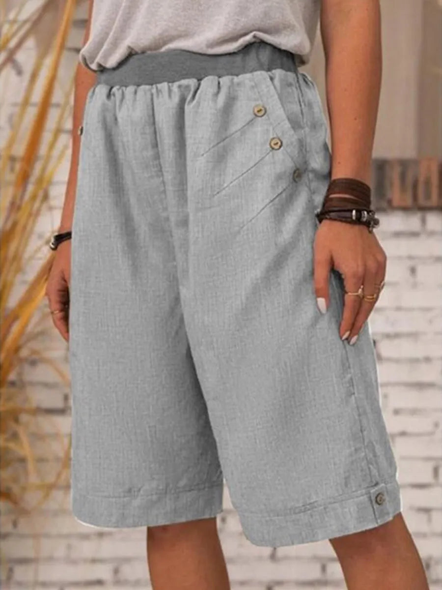 Women's Solid Color Elastic Waist Loose Casual Pockets Cotton and Linen Shorts