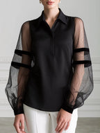 Pointed Collar Sheer Striped Mesh Balloon Sleeve Half-Placket Blouse