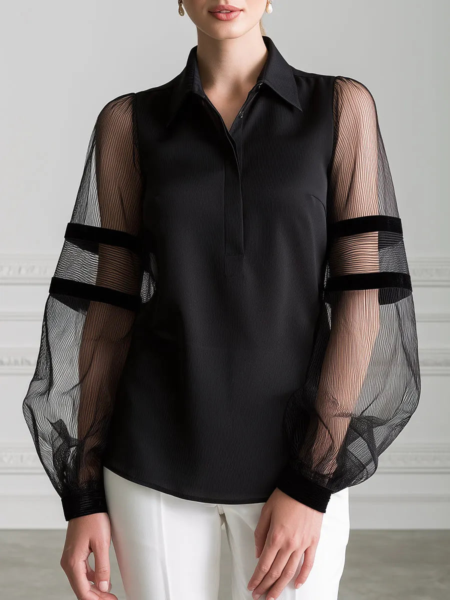 Pointed Collar Sheer Striped Mesh Balloon Sleeve Half-Placket Blouse