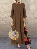 Women's Retro Floral Contrast Button Patchwork Cotton And Linen Casual Dress