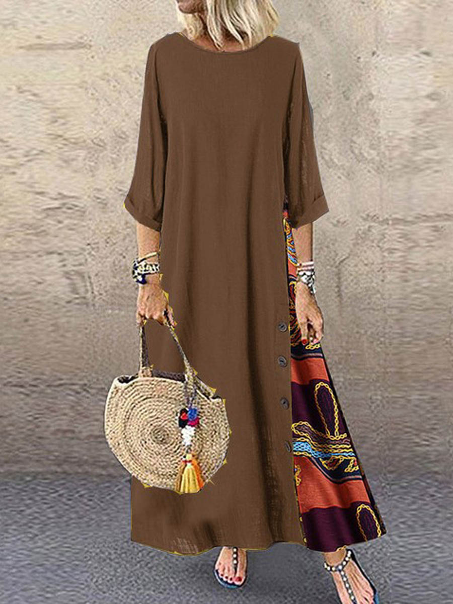 Women's Retro Floral Contrast Button Patchwork Cotton And Linen Casual Dress