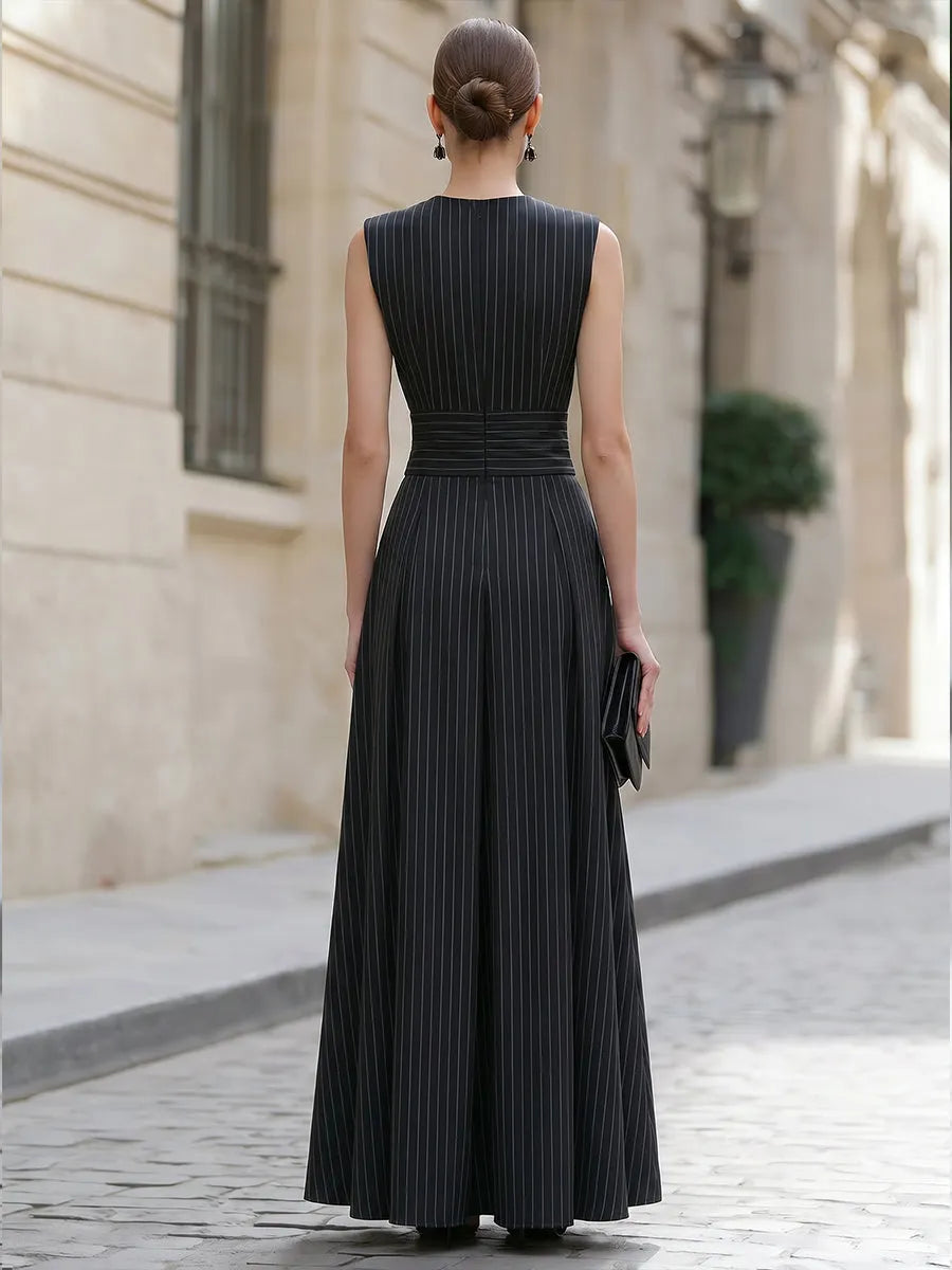 Pinstripe Sleeveless Buttoned Peplum Skirt Set