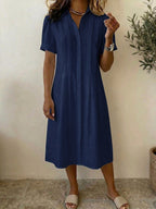 Women's Solid-color Shirt-collar Short-sleeve Casual Loose Cotton-linen Shirt Dress