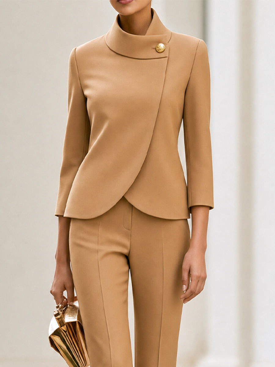 Asymmetric Stand Collar Blazer & Cropped Trouser 2-Piece Co-Ord Suit