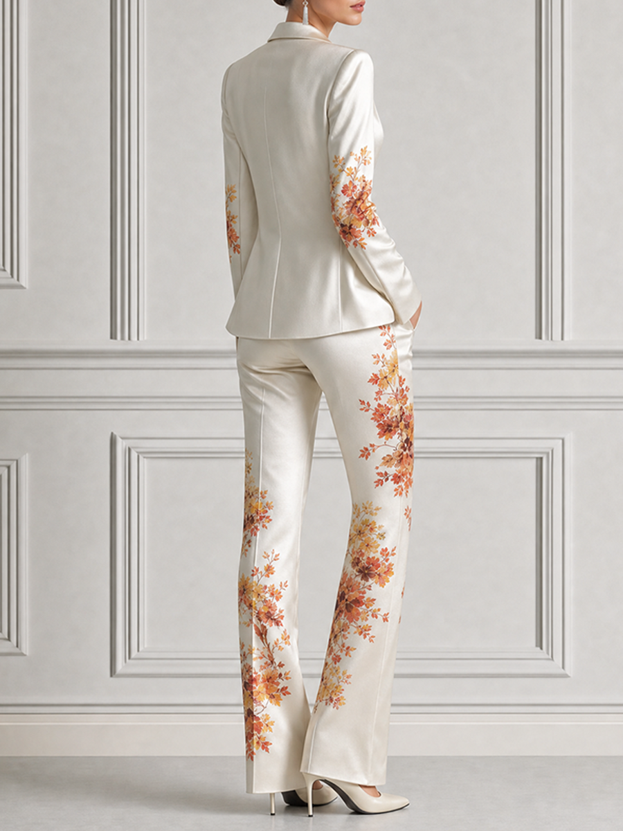 Ivory Fall Wedding Guest Floral Satin Blazer & Flare Pants Set