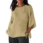 3/4 Sleeved Round Neck Pocket Loose Casual Shirt
