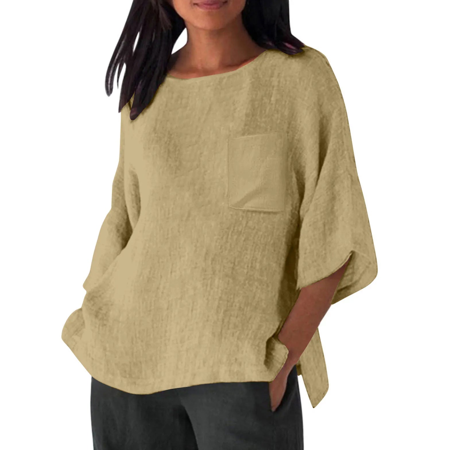 3/4 Sleeved Round Neck Pocket Loose Casual Shirt