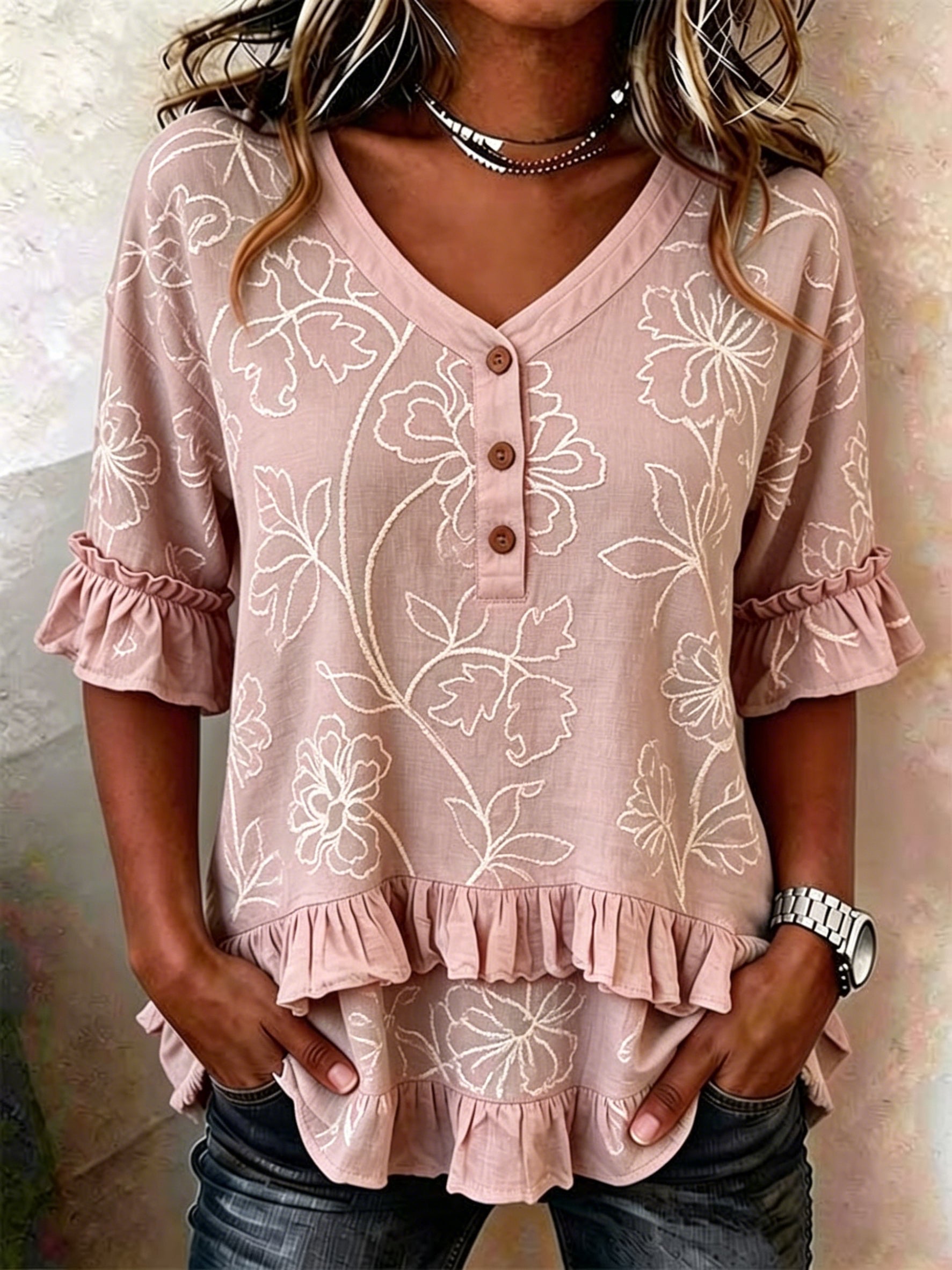 Retro Floral Embroidered Ruffled V-neck Blouse
