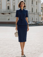 High-Neck Tie Peplum Blouse & High-Waisted Pencil Skirt Two-Piece Suit