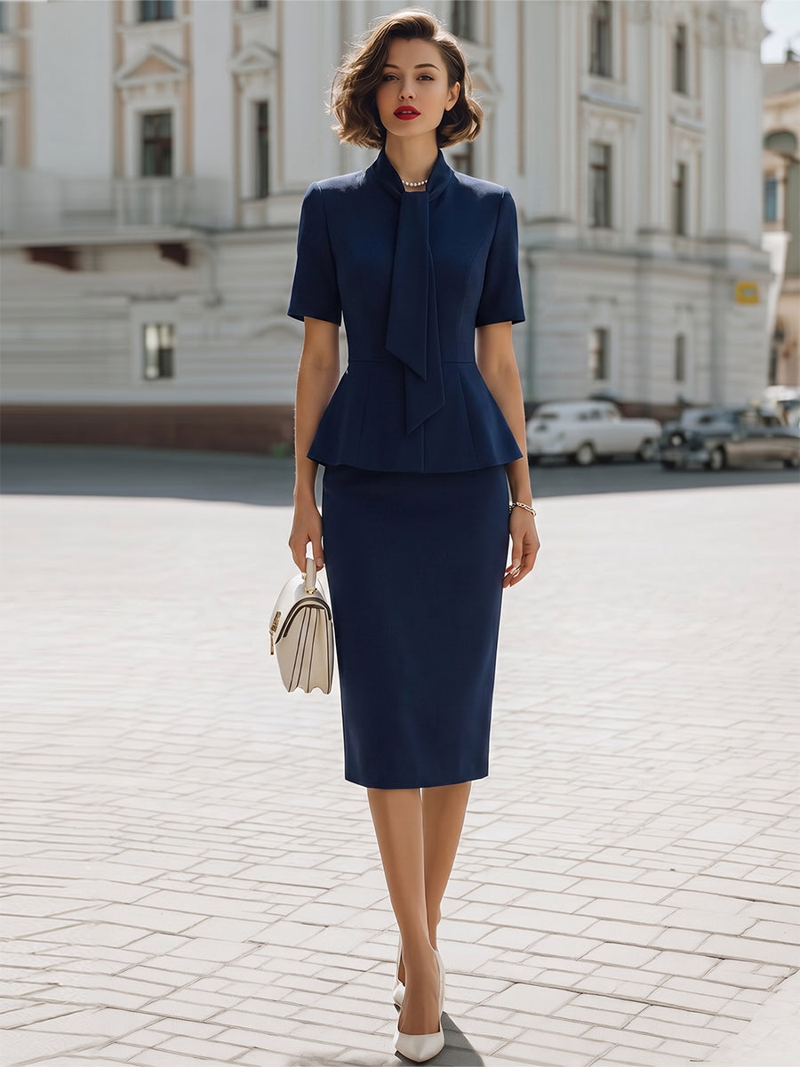 High-Neck Tie Peplum Blouse & High-Waisted Pencil Skirt Two-Piece Suit