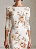 Ivory Floral Print Boat Neck Front Slit Midi Dress
