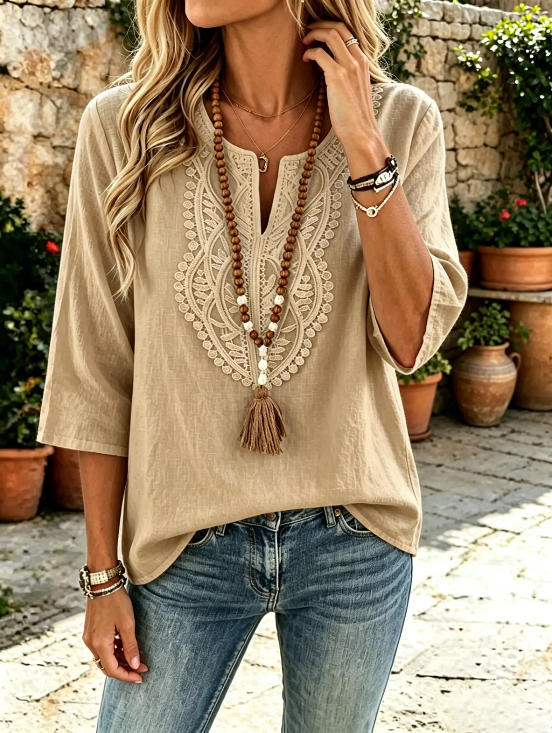 Women's Solid Front Eyelet Floral Embroidered V-Neck 3/4 Sleeve Linen Blouse