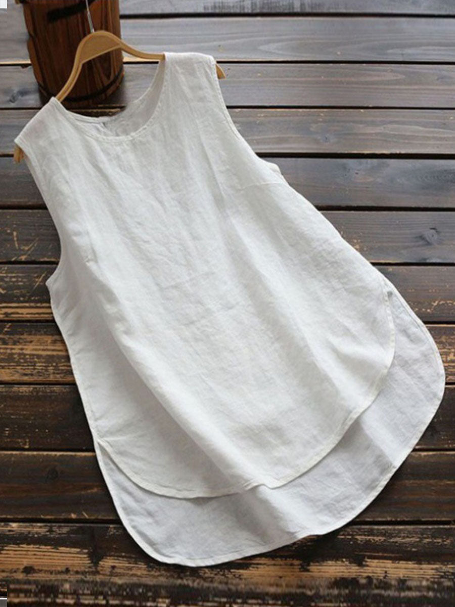Women's Solid Color Round Neck Sleeveless Loose Linen Top