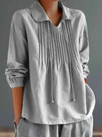 Solid Color Loose Pleated Collar Long Sleeved Shirt
