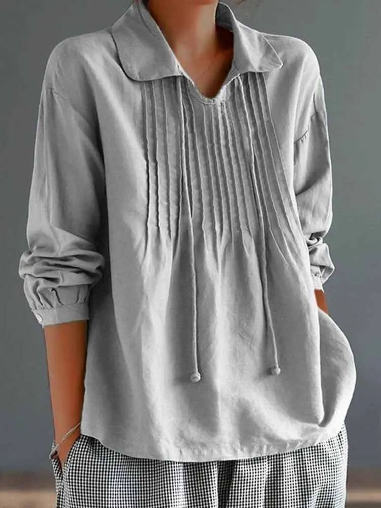 Solid Color Loose Pleated Collar Long Sleeved Shirt
