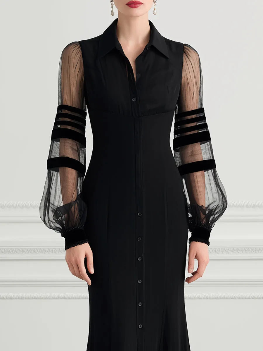 Collared Sheer Striped Mesh Puff Sleeve Fishtail Mermaid Maxi Dress