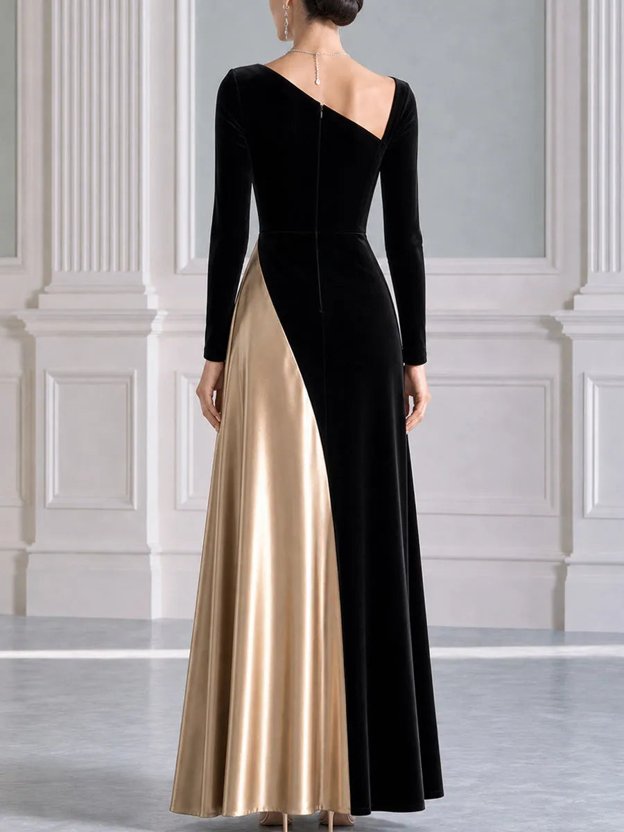 Elegant Velvet And Satin Asymmetrical Long Sleeve Maxi Gown